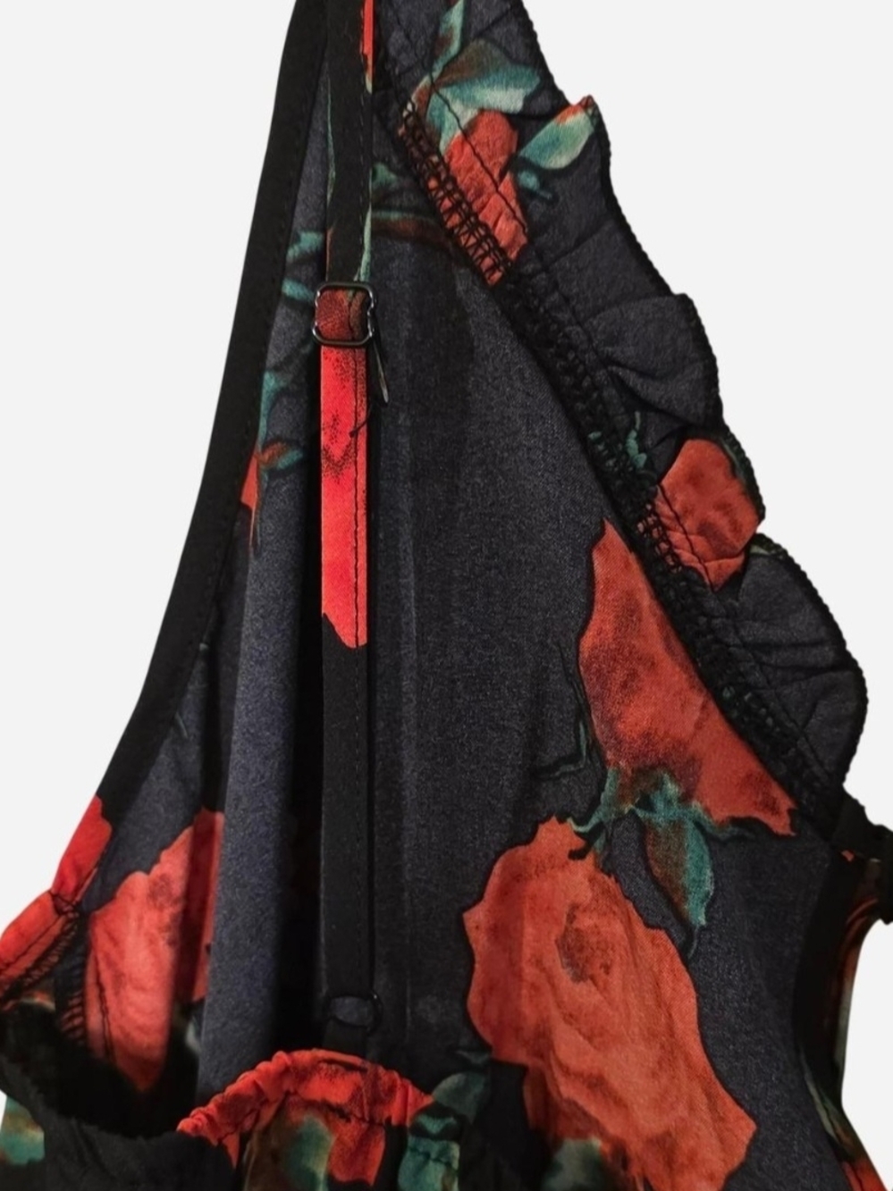 SHEIN Curve Black Midi Slip Dress w/Red Rose Print Ruffule & Tie Detail - Picture 6 of 11